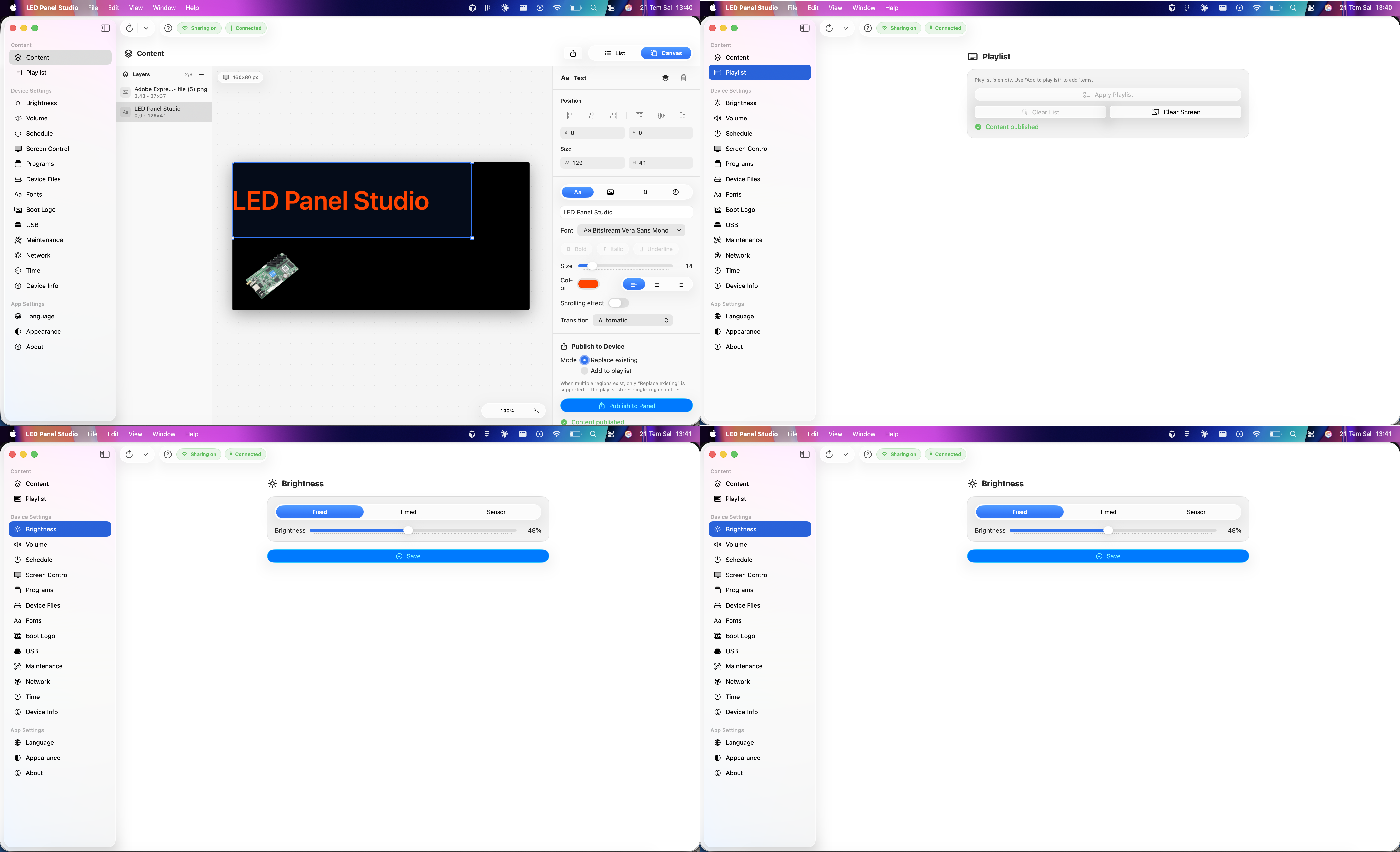 Content canvas, playlist, and brightness controls