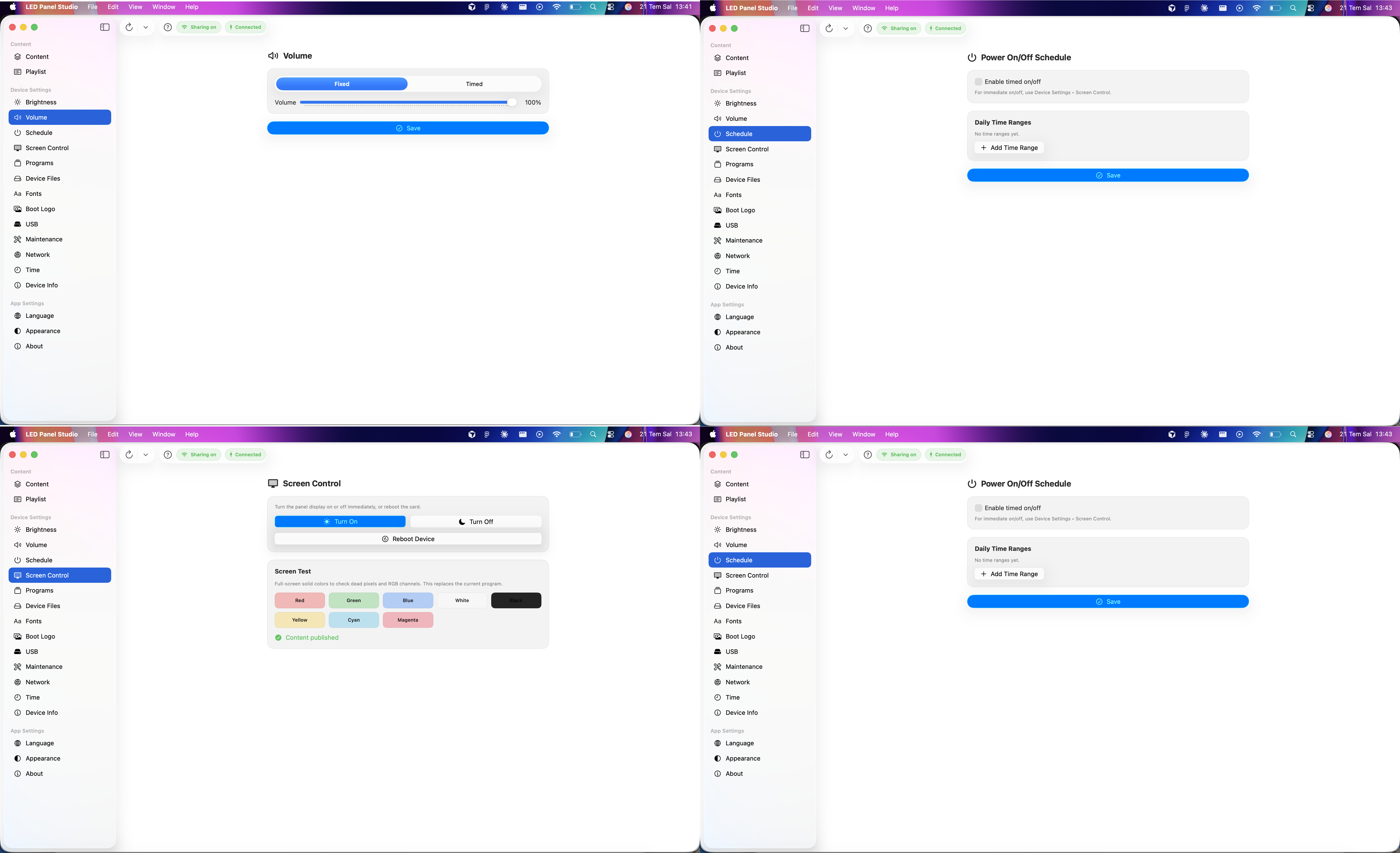Volume, scheduling, and screen controls