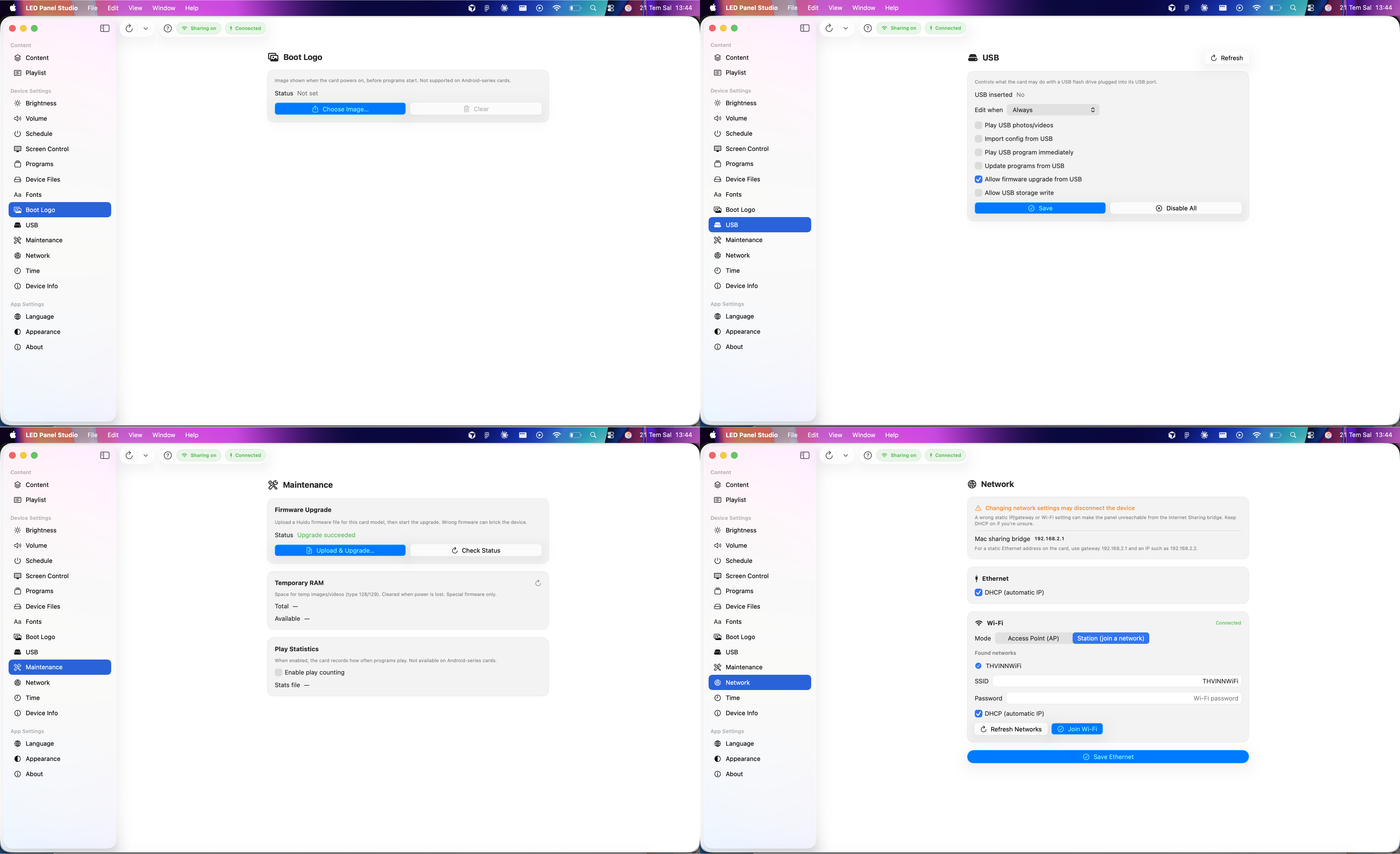 Boot logo, USB, maintenance, and network settings